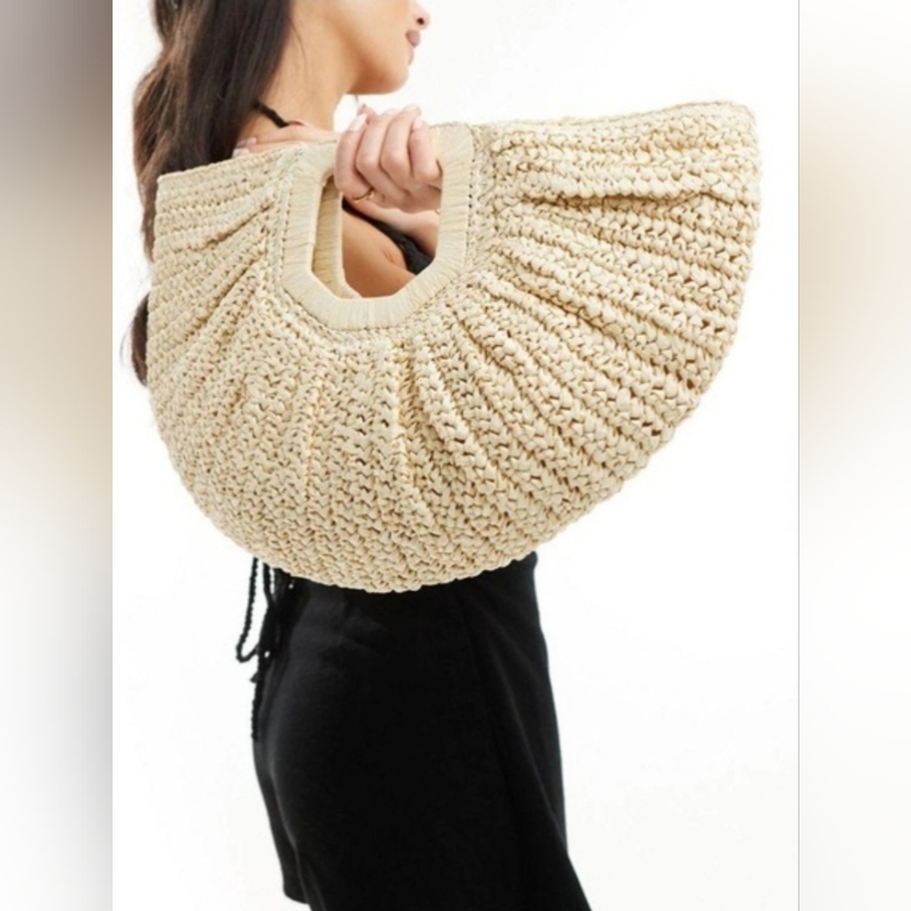 Ramla Woven Crescent Straw Tote Bag in Beige